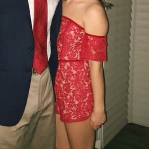 Off the shoulder red lace romper